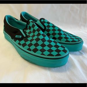 Black and Teal slip on vans